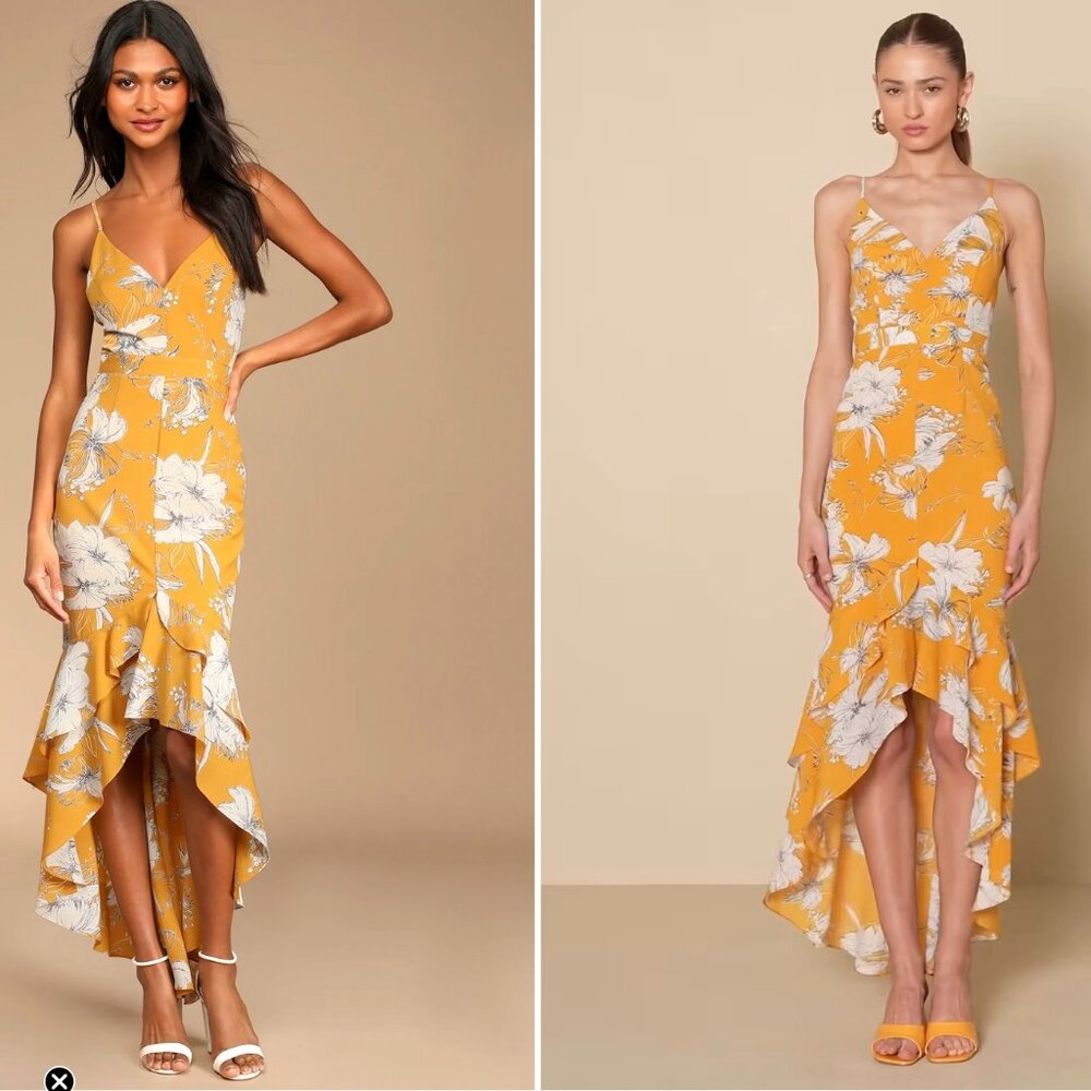 Darling Daylily Mustard Yellow Floral Print High-Low Maxi Dress